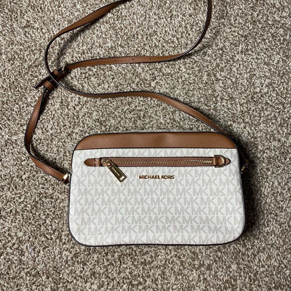 Michael Kors Cream and Brown Crossbody Bag with Gold Hardware